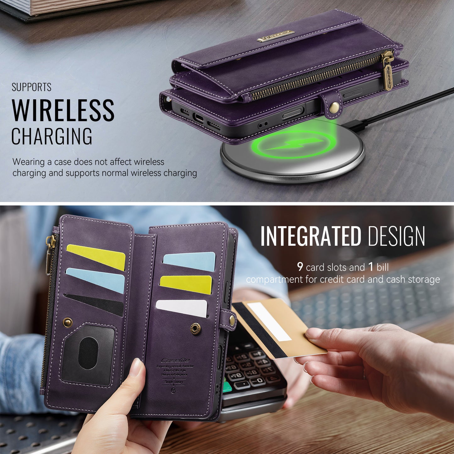 For iPhone 17 Pro Max Case CASEME C39 RFID Blocking Zipper Wallet Stand Leather Cover with Strap - Purple