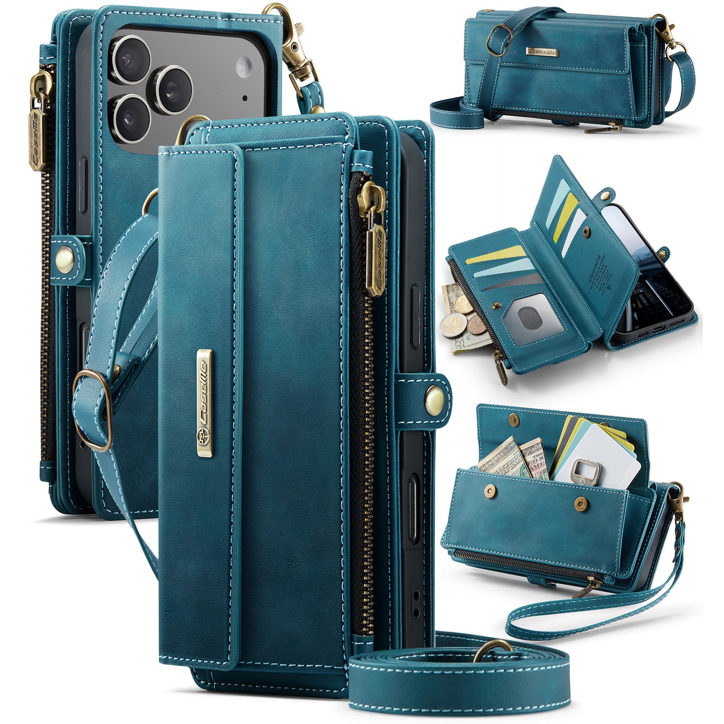 For iPhone 17 Pro Max Case CASEME C39 RFID Blocking Zipper Wallet Stand Leather Cover with Strap - Green