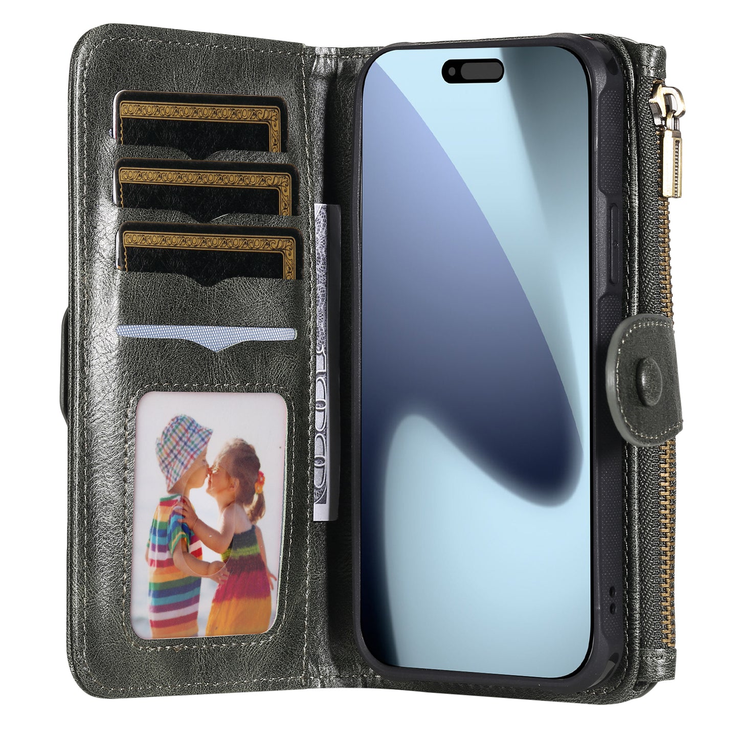 For iPhone 17 Pro Max Phone Case PU Leather Zipper Wallet Detachable Cover - Green