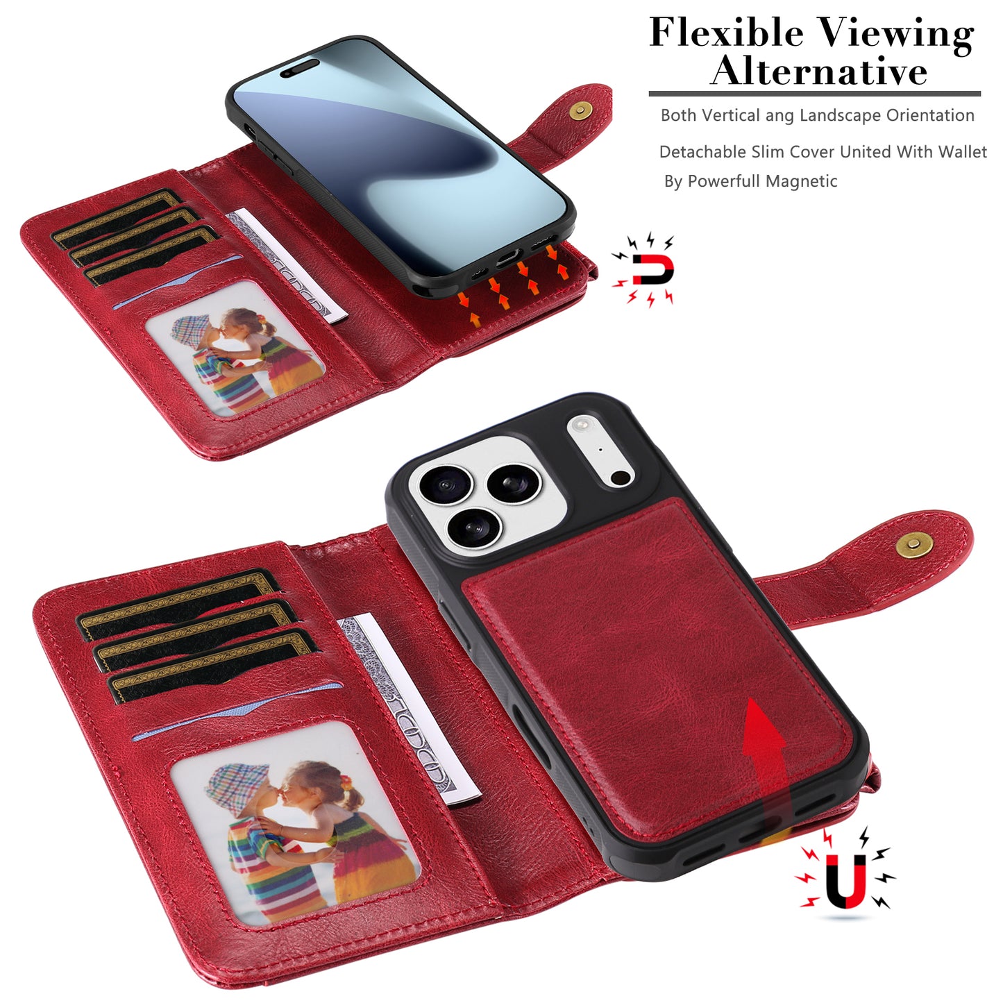 For iPhone 17 Pro Max Phone Case PU Leather Zipper Wallet Detachable Cover - Red