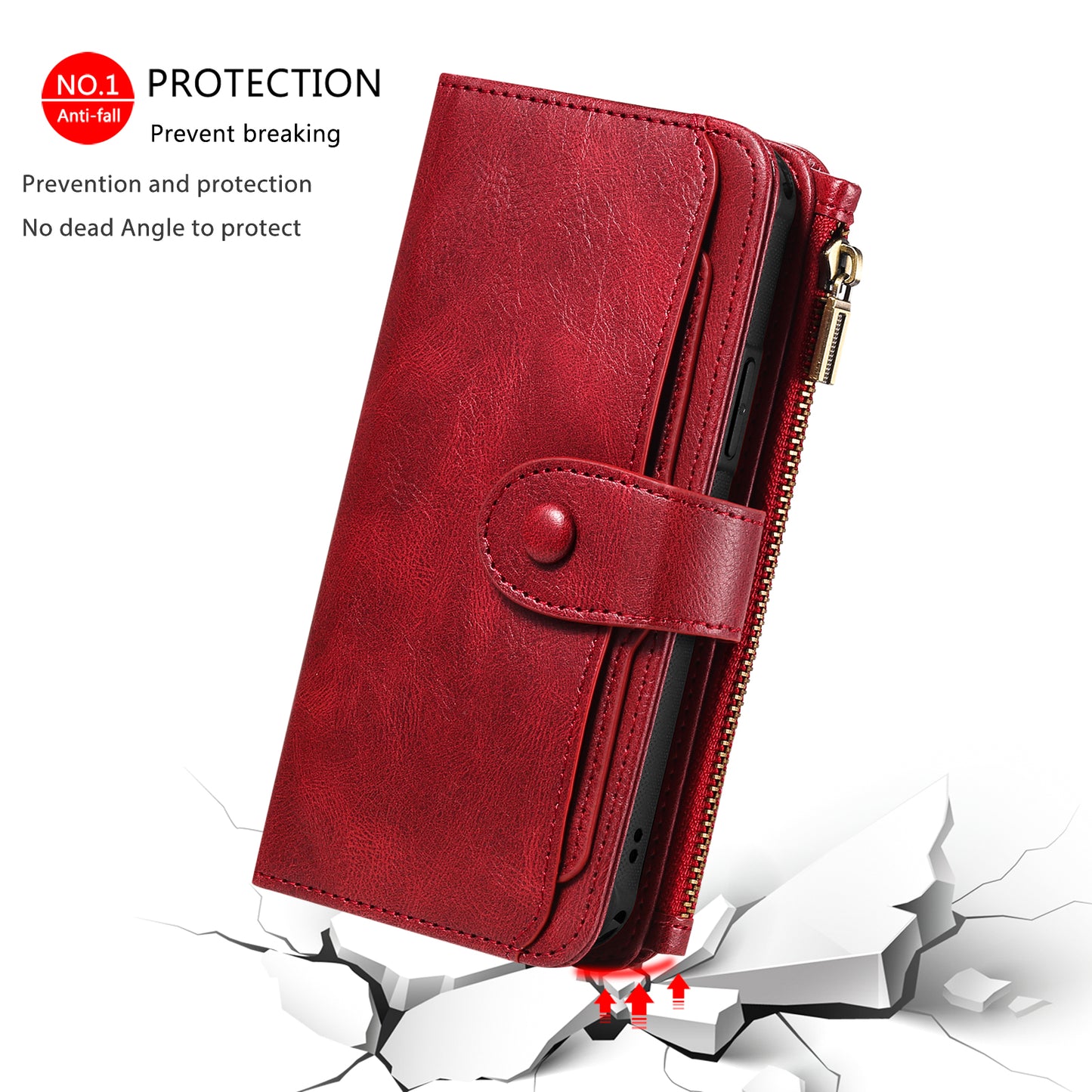 For iPhone 17 Pro Max Phone Case PU Leather Zipper Wallet Detachable Cover - Red
