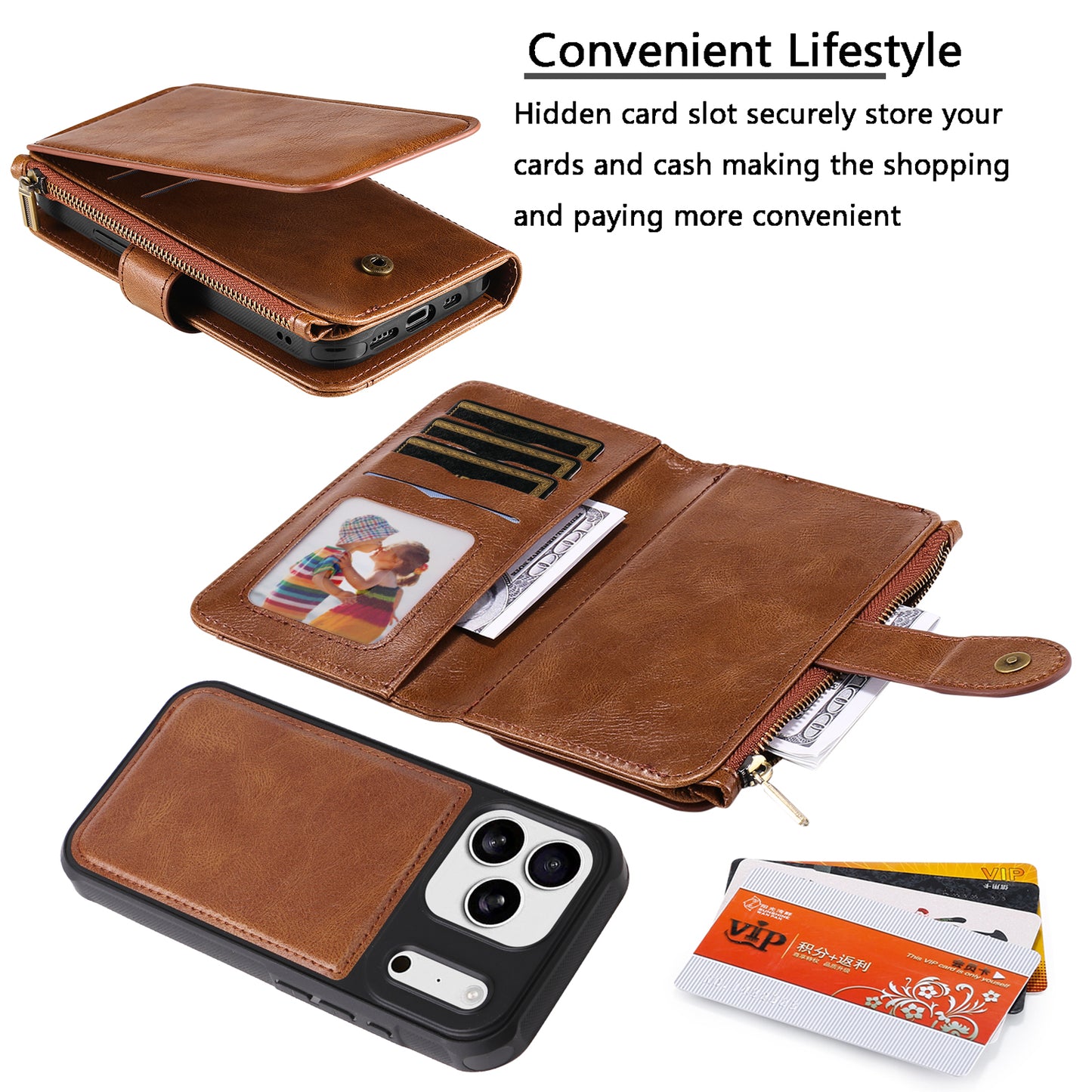 For iPhone 17 Pro Max Phone Case PU Leather Zipper Wallet Detachable Cover - Brown
