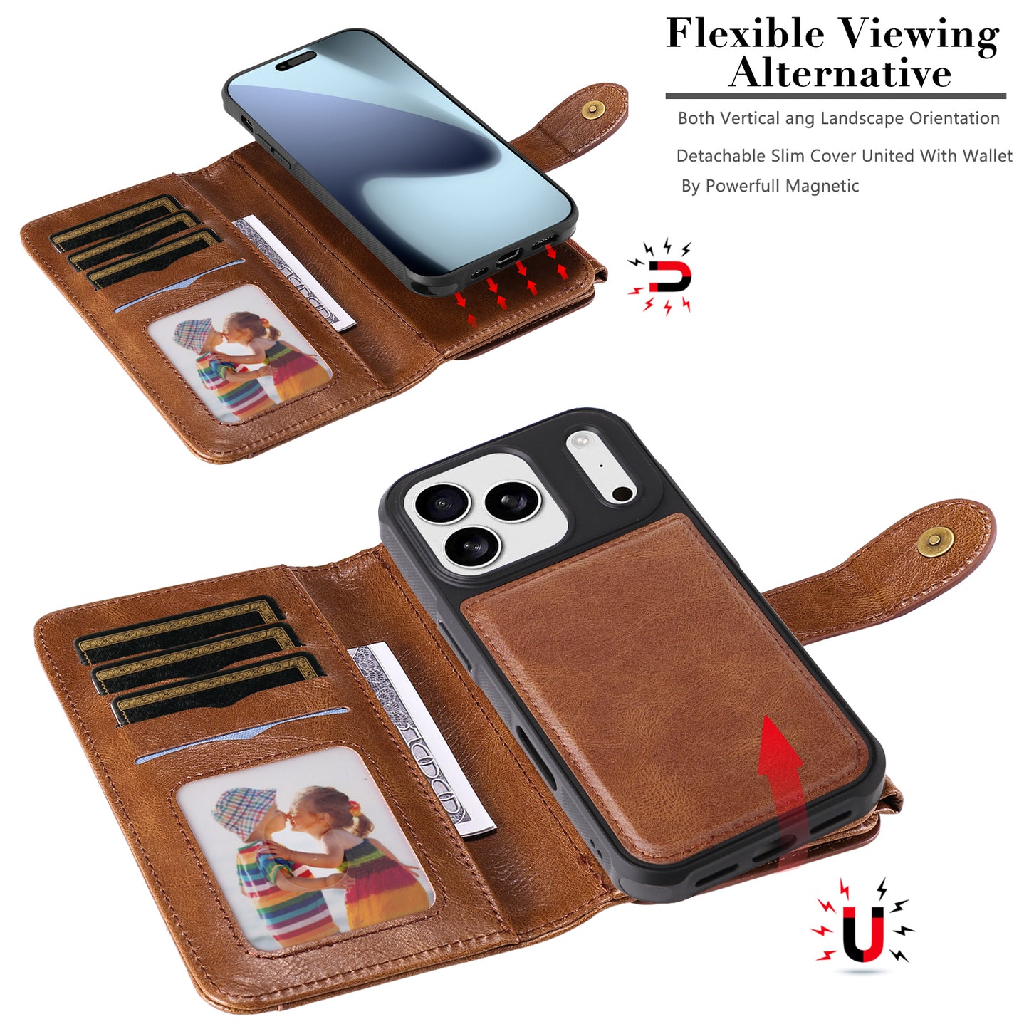 For iPhone 17 Pro Max Phone Case PU Leather Zipper Wallet Detachable Cover - Brown