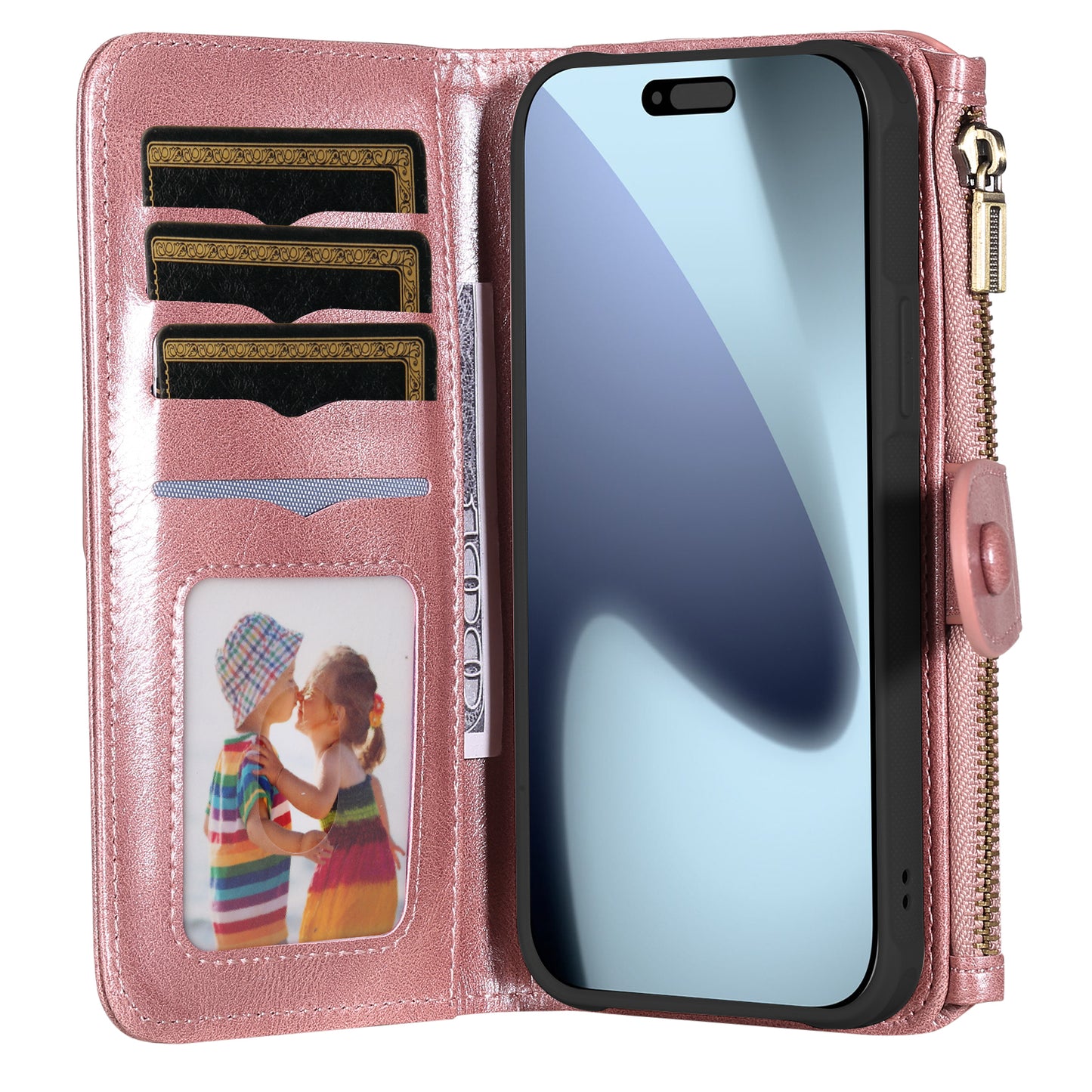 For iPhone 17 Pro Max Phone Case PU Leather Zipper Wallet Detachable Cover - Rose Gold