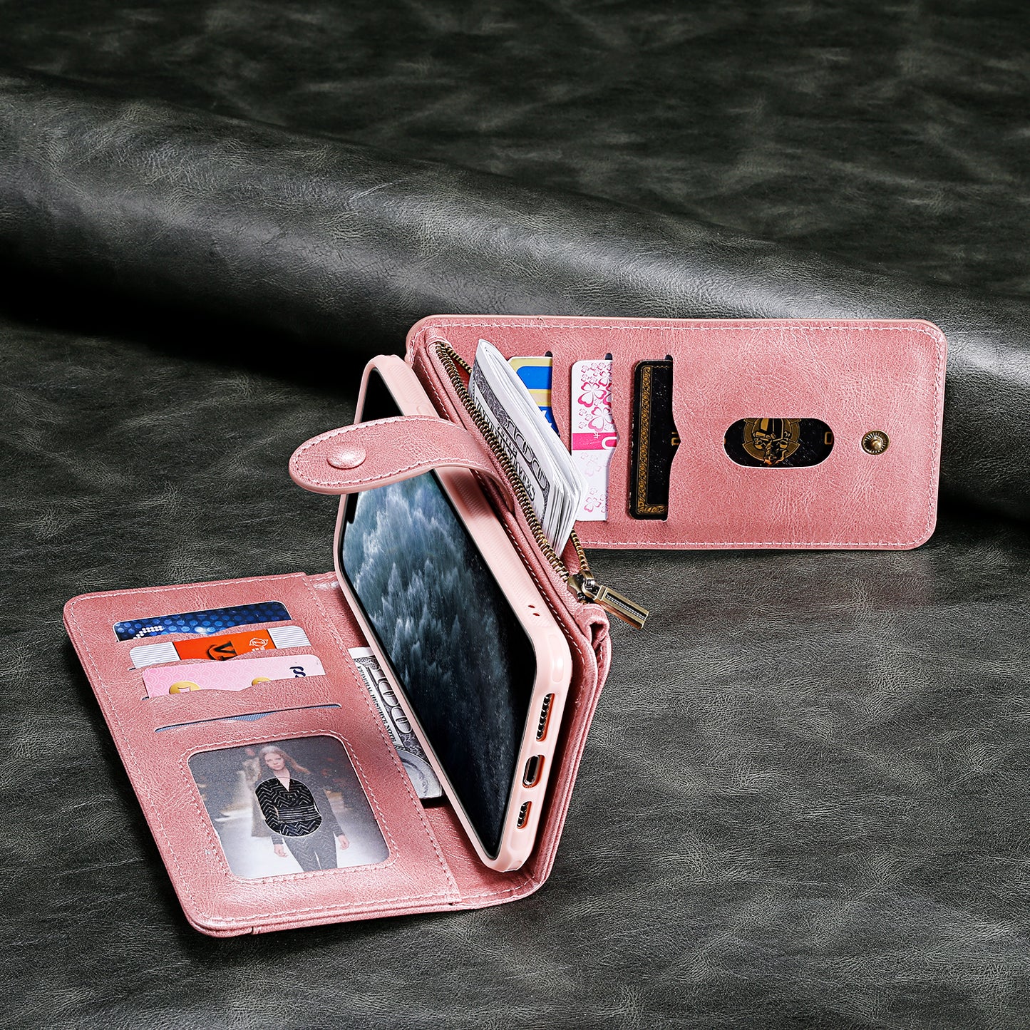 For iPhone 17 Pro Max Phone Case PU Leather Zipper Wallet Detachable Cover - Rose Gold
