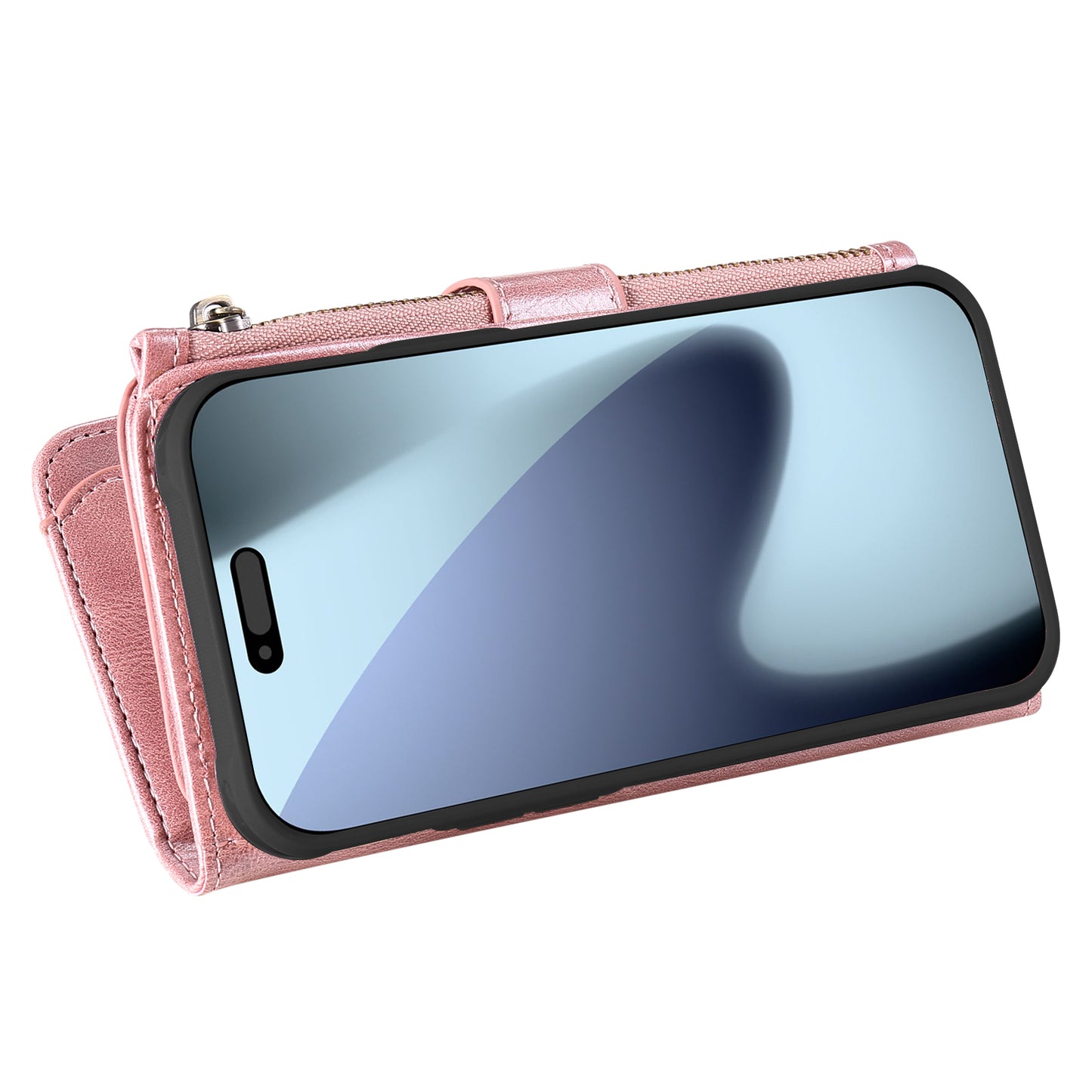 For iPhone 17 Pro Max Phone Case PU Leather Zipper Wallet Detachable Cover - Rose Gold
