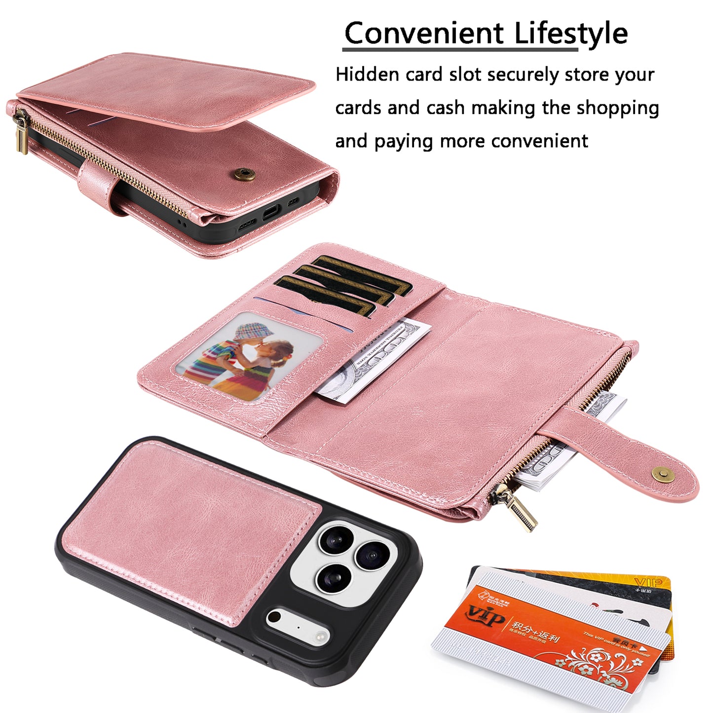 For iPhone 17 Pro Max Phone Case PU Leather Zipper Wallet Detachable Cover - Rose Gold