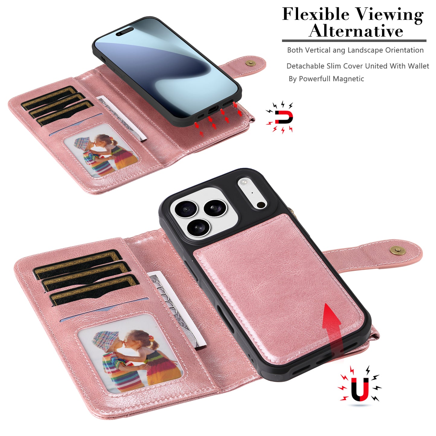 For iPhone 17 Pro Max Phone Case PU Leather Zipper Wallet Detachable Cover - Rose Gold