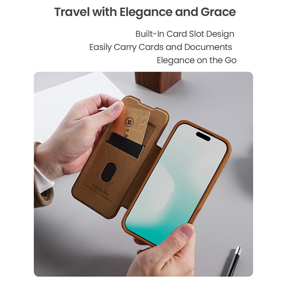 NILLKIN Qin Pro Series for iPhone 17 Pro Max Case with Card Slots Leather Phone Cover - Brown