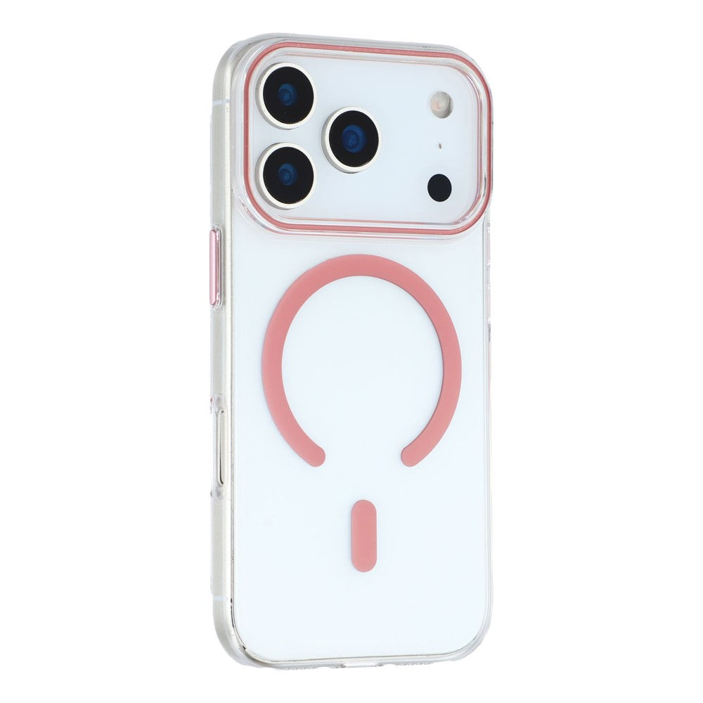 For iPhone 17 Pro Max Magnetic Case Clear PC Phone Back Cover with Metal Buttons - Pink