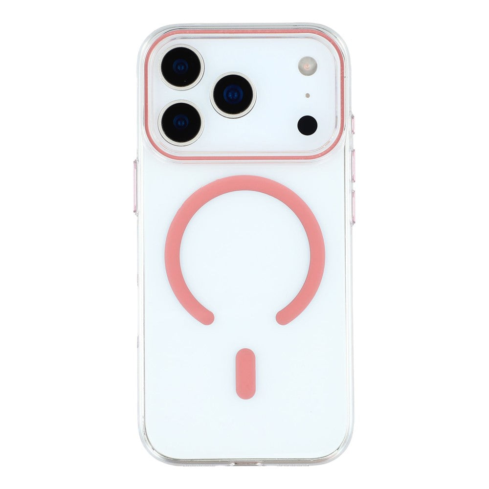 For iPhone 17 Pro Max Magnetic Case Clear PC Phone Back Cover with Metal Buttons - Pink