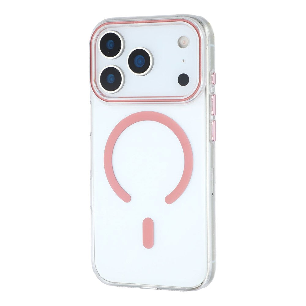 For iPhone 17 Pro Max Magnetic Case Clear PC Phone Back Cover with Metal Buttons - Pink