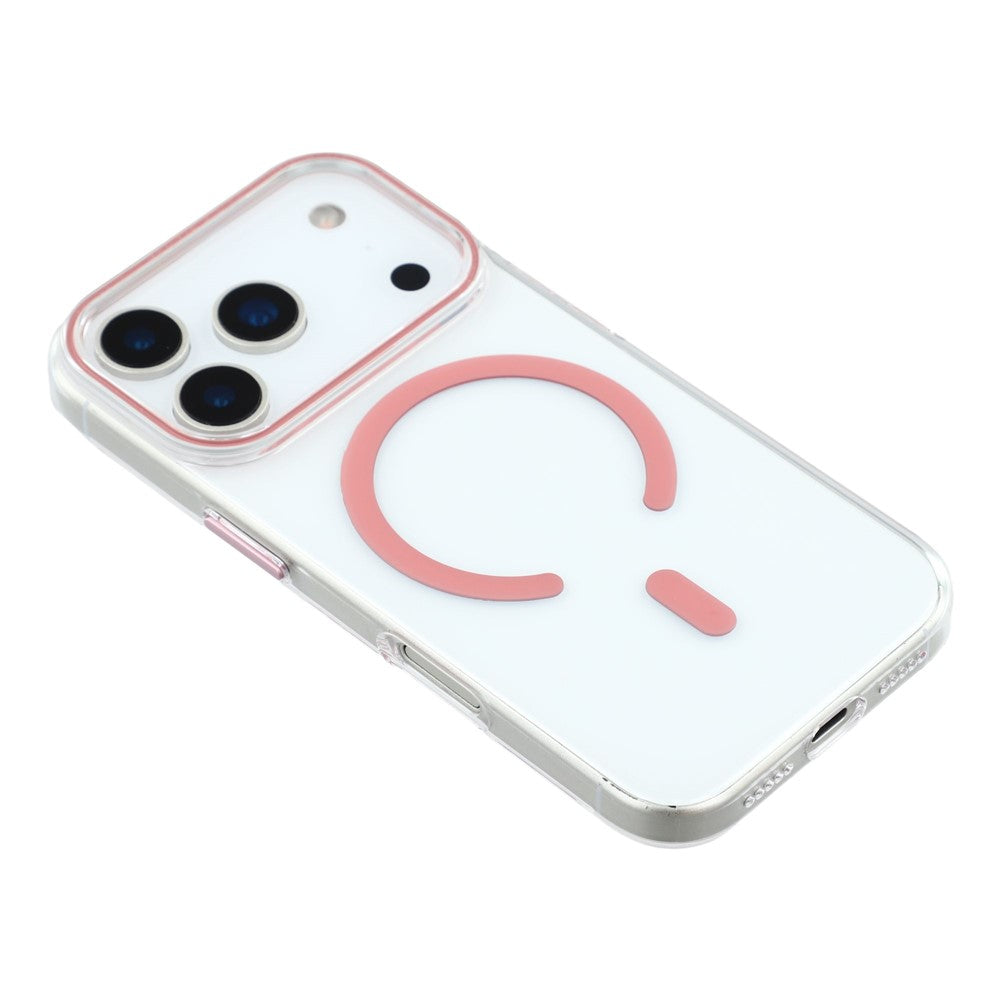 For iPhone 17 Pro Max Magnetic Case Clear PC Phone Back Cover with Metal Buttons - Pink