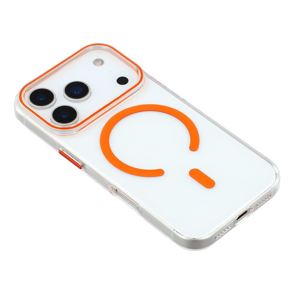 For iPhone 17 Pro Max Magnetic Case Clear PC Phone Back Cover with Metal Buttons - Orange
