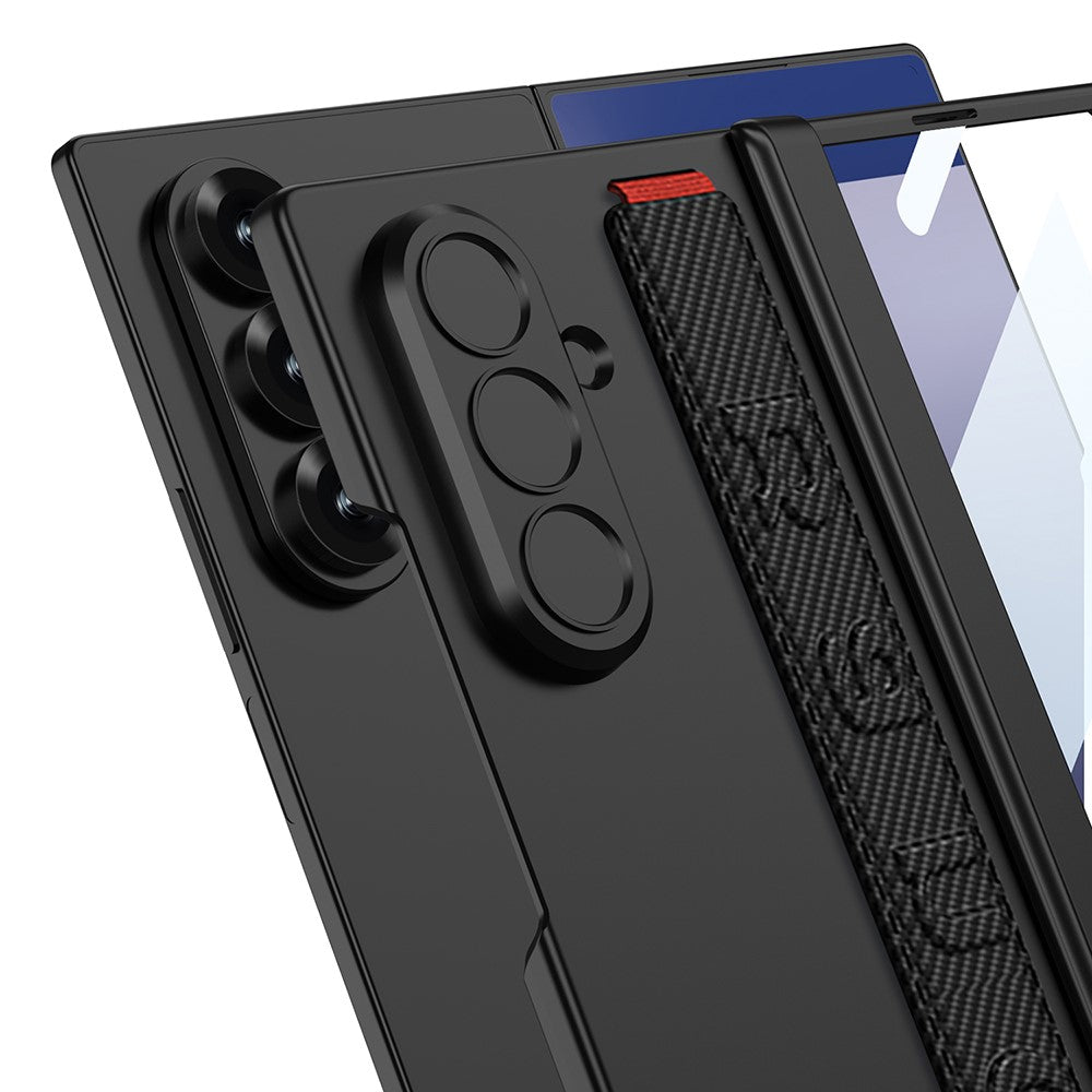 GKK For Samsung Galaxy Z Fold7 5G Case with Strap / Hinge Protection PC + Tempered Glass Phone Cover - Carbon Fiber Texture
