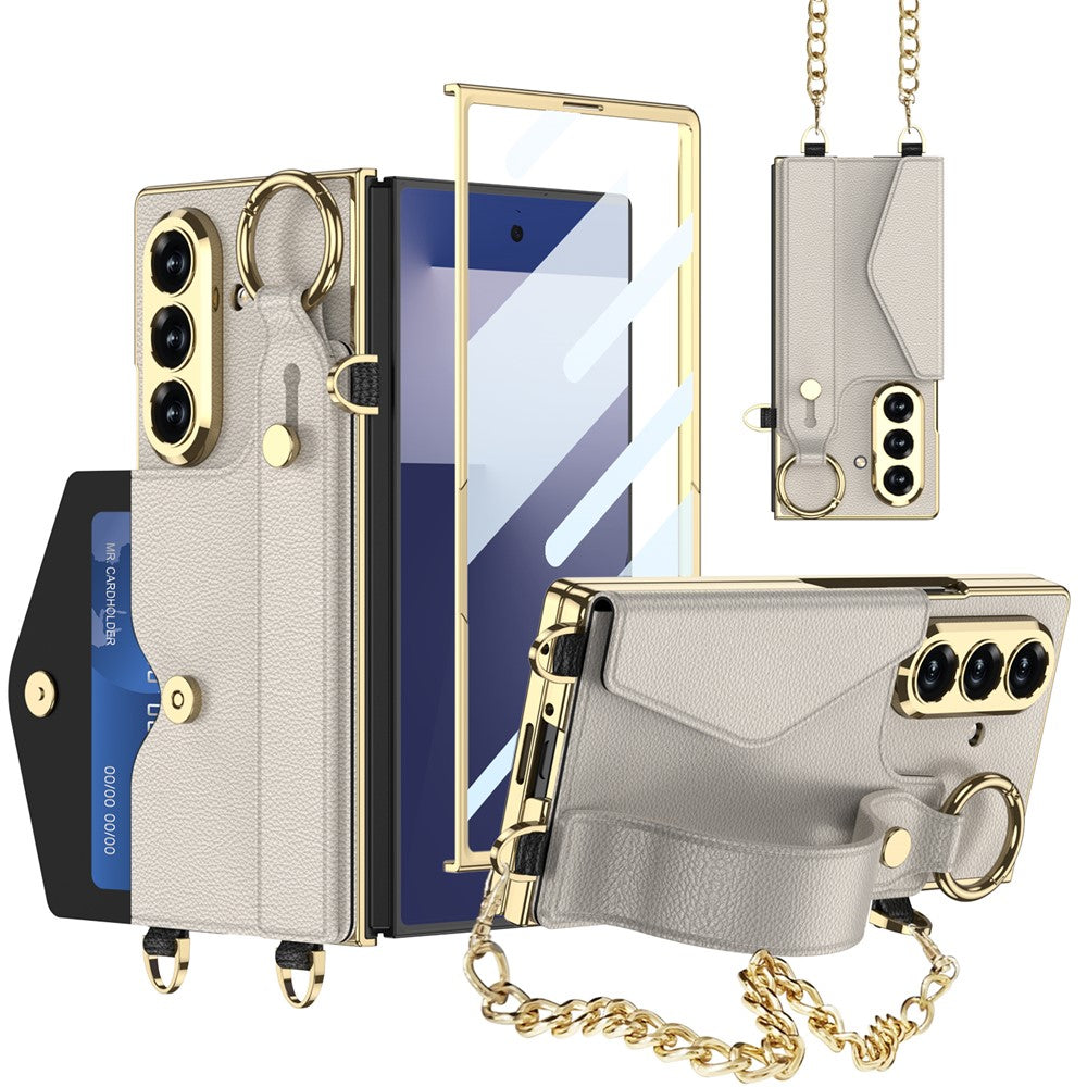 GKK For Samsung Galaxy Z Fold7 5G Case with PU Strap Kickstand / Metal Chain Electroplated PC Tempered Glass Phone Cover - Titanium Grey