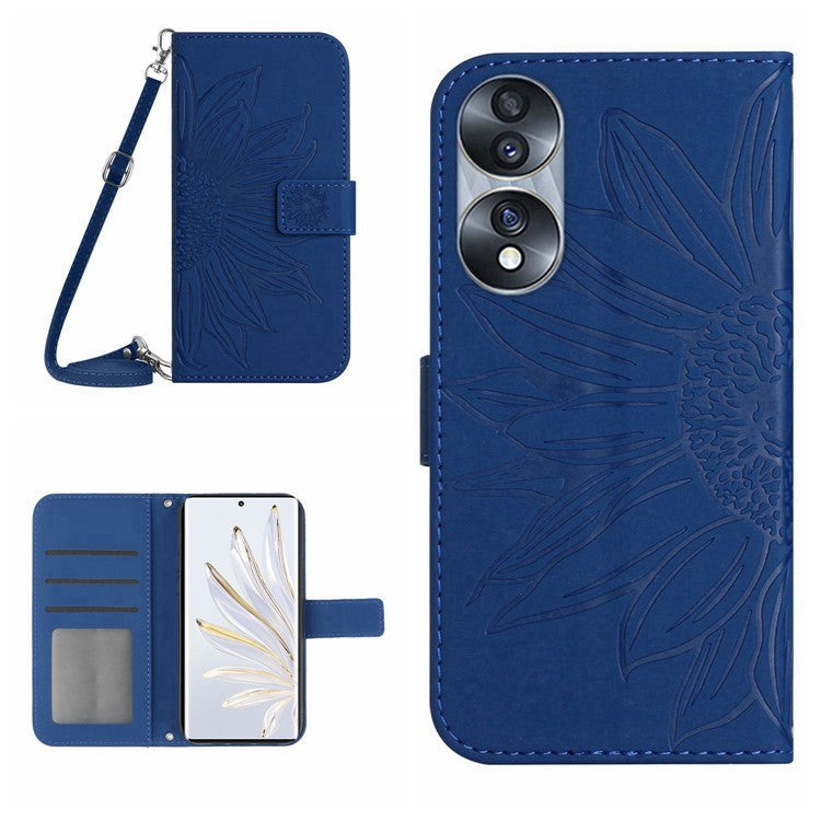 For Honor 70 5G Anti-drop Imprinted Sunflower PU Leather Wallet Phone Case Skin-touch Stand Magnetic Closure Cell Phone Cover with Shoulder Strap - Sapphire