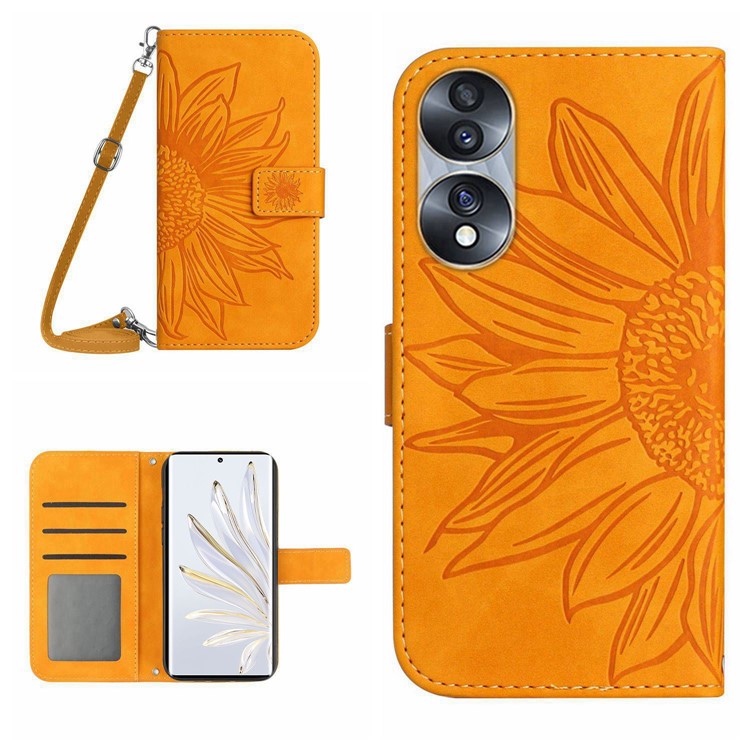 For Honor 70 5G Anti-drop Imprinted Sunflower PU Leather Wallet Phone Case Skin-touch Stand Magnetic Closure Cell Phone Cover with Shoulder Strap - Yellow