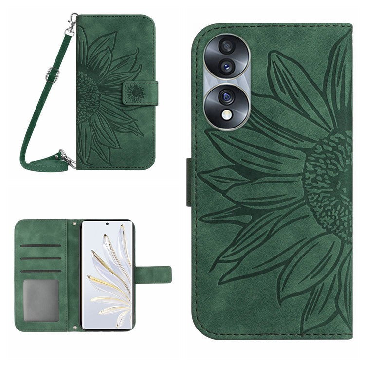 For Honor 70 5G Anti-drop Imprinted Sunflower PU Leather Wallet Phone Case Skin-touch Stand Magnetic Closure Cell Phone Cover with Shoulder Strap - Dark Green