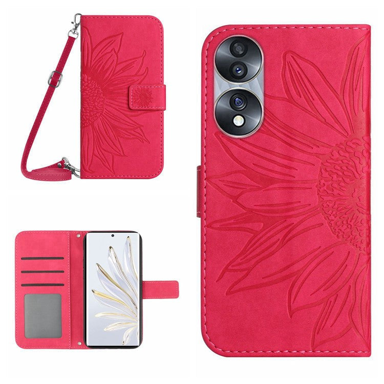 For Honor 70 5G Anti-drop Imprinted Sunflower PU Leather Wallet Phone Case Skin-touch Stand Magnetic Closure Cell Phone Cover with Shoulder Strap - Rose