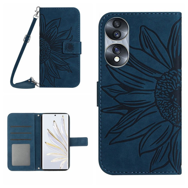 For Honor 70 5G Anti-drop Imprinted Sunflower PU Leather Wallet Phone Case Skin-touch Stand Magnetic Closure Cell Phone Cover with Shoulder Strap - Dark Blue