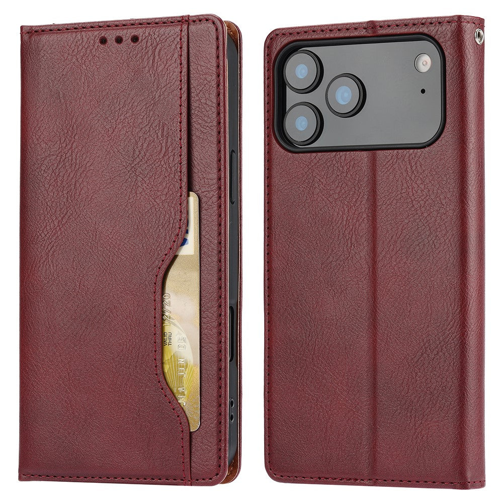 For iPhone 17 Pro Max Cell Phone Case Magnetic Closing PU Leather Stand Cover - Wine Red