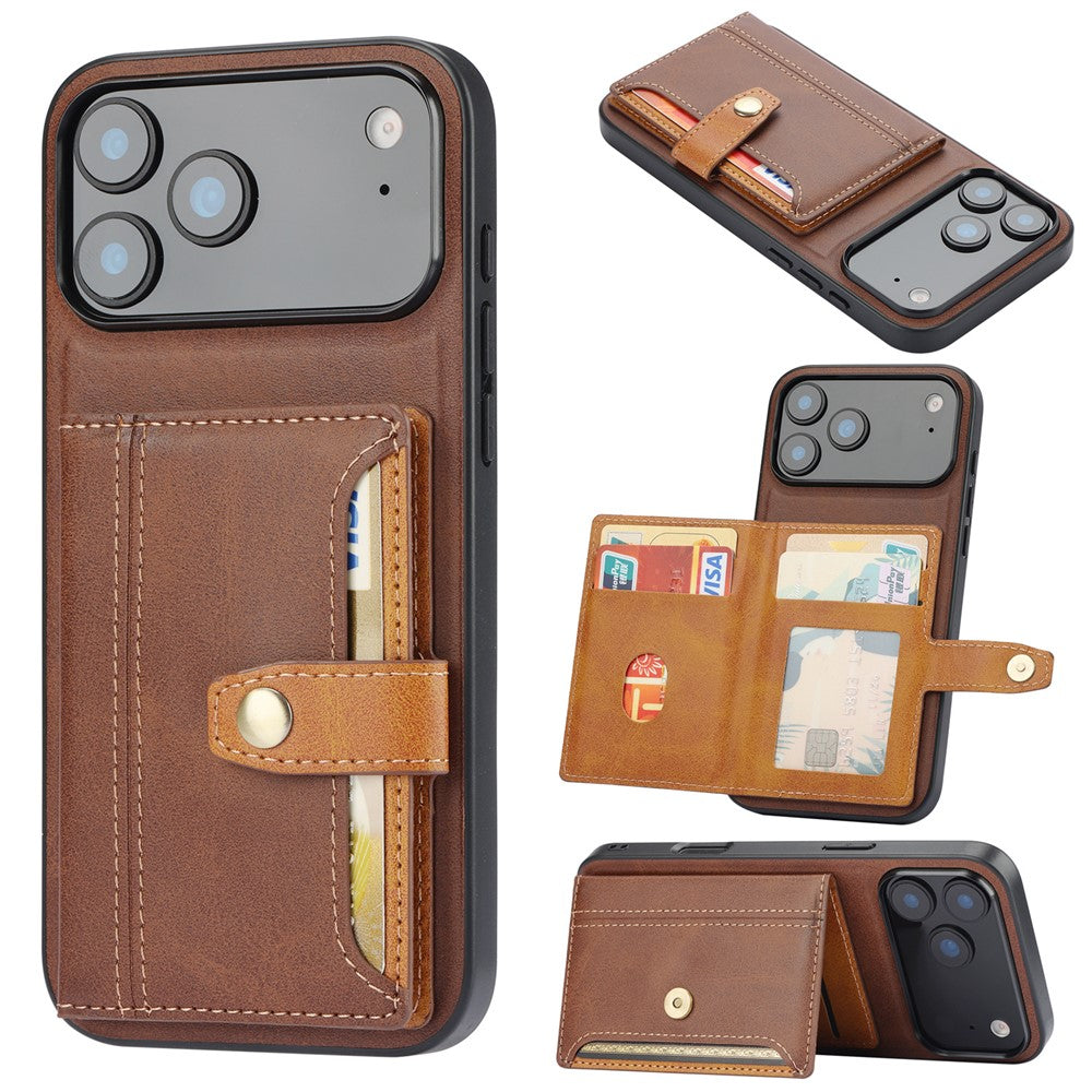 For iPhone 17 Pro Max Case Calf Texture Card Holder PU Leather + TPU Kicsktand Phone Cover - Brown