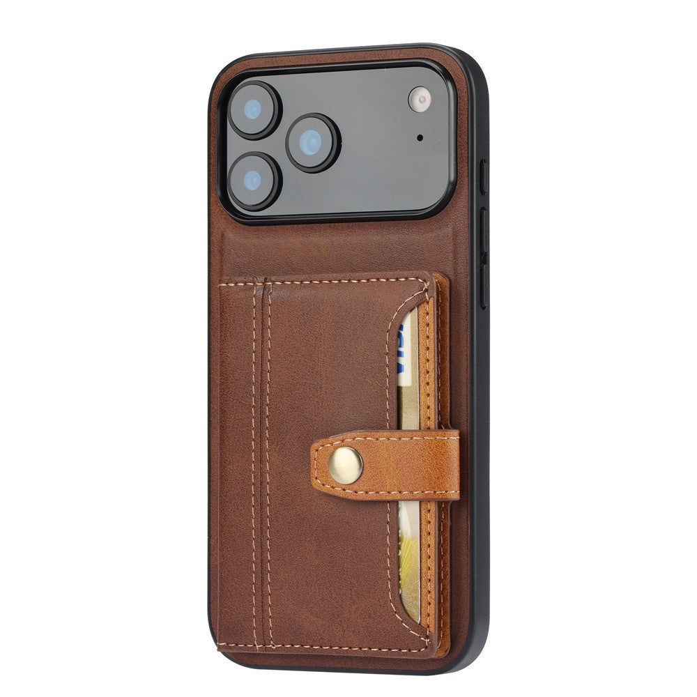 For iPhone 17 Pro Max Case Calf Texture Card Holder PU Leather + TPU Kicsktand Phone Cover - Brown