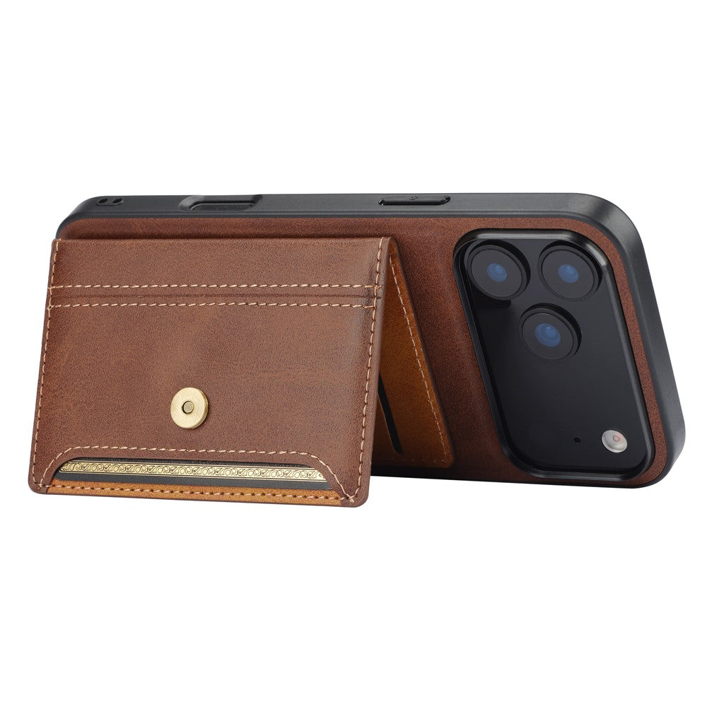 For iPhone 17 Pro Max Case Calf Texture Card Holder PU Leather + TPU Kicsktand Phone Cover - Brown
