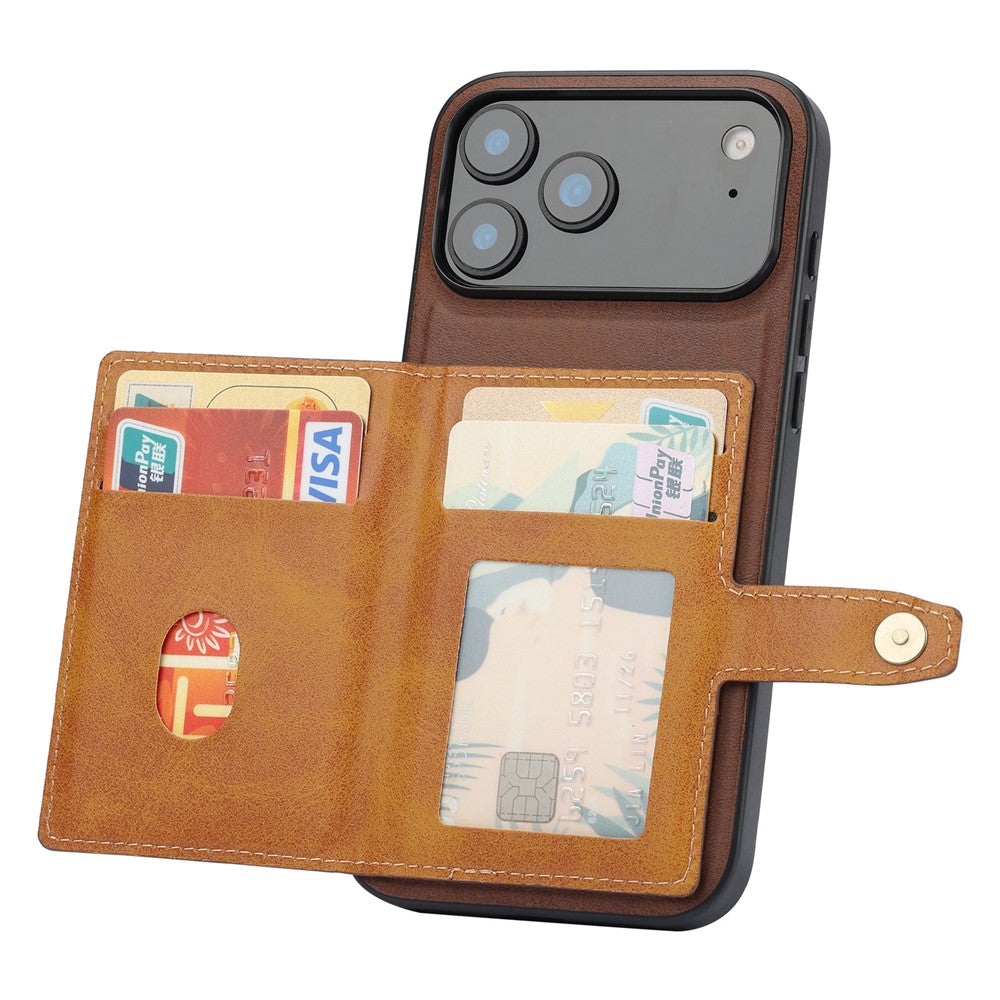 For iPhone 17 Pro Max Case Calf Texture Card Holder PU Leather + TPU Kicsktand Phone Cover - Brown