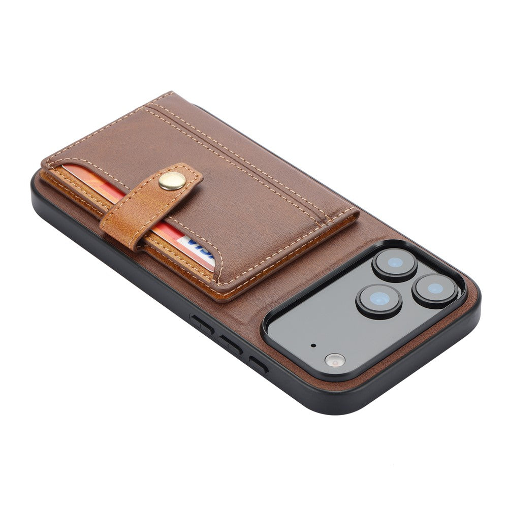 For iPhone 17 Pro Max Case Calf Texture Card Holder PU Leather + TPU Kicsktand Phone Cover - Brown