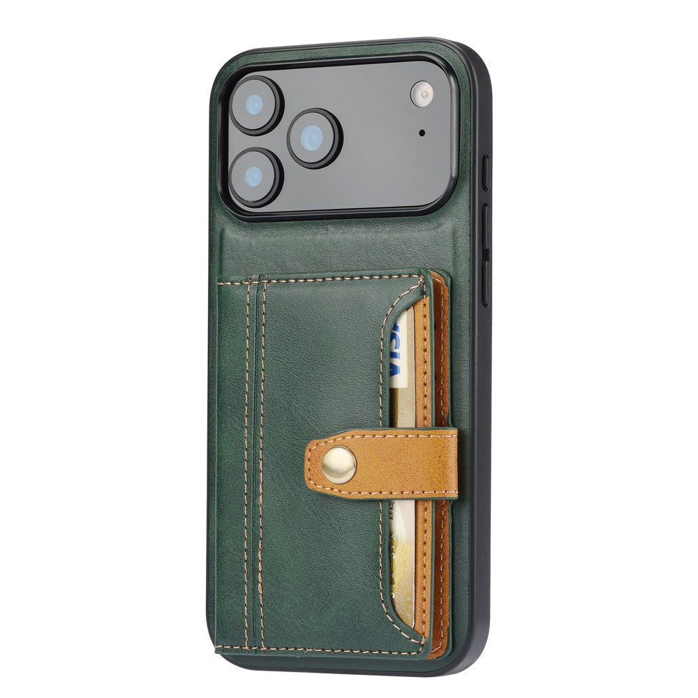 For iPhone 17 Pro Max Case Calf Texture Card Holder PU Leather + TPU Kicsktand Phone Cover - Green