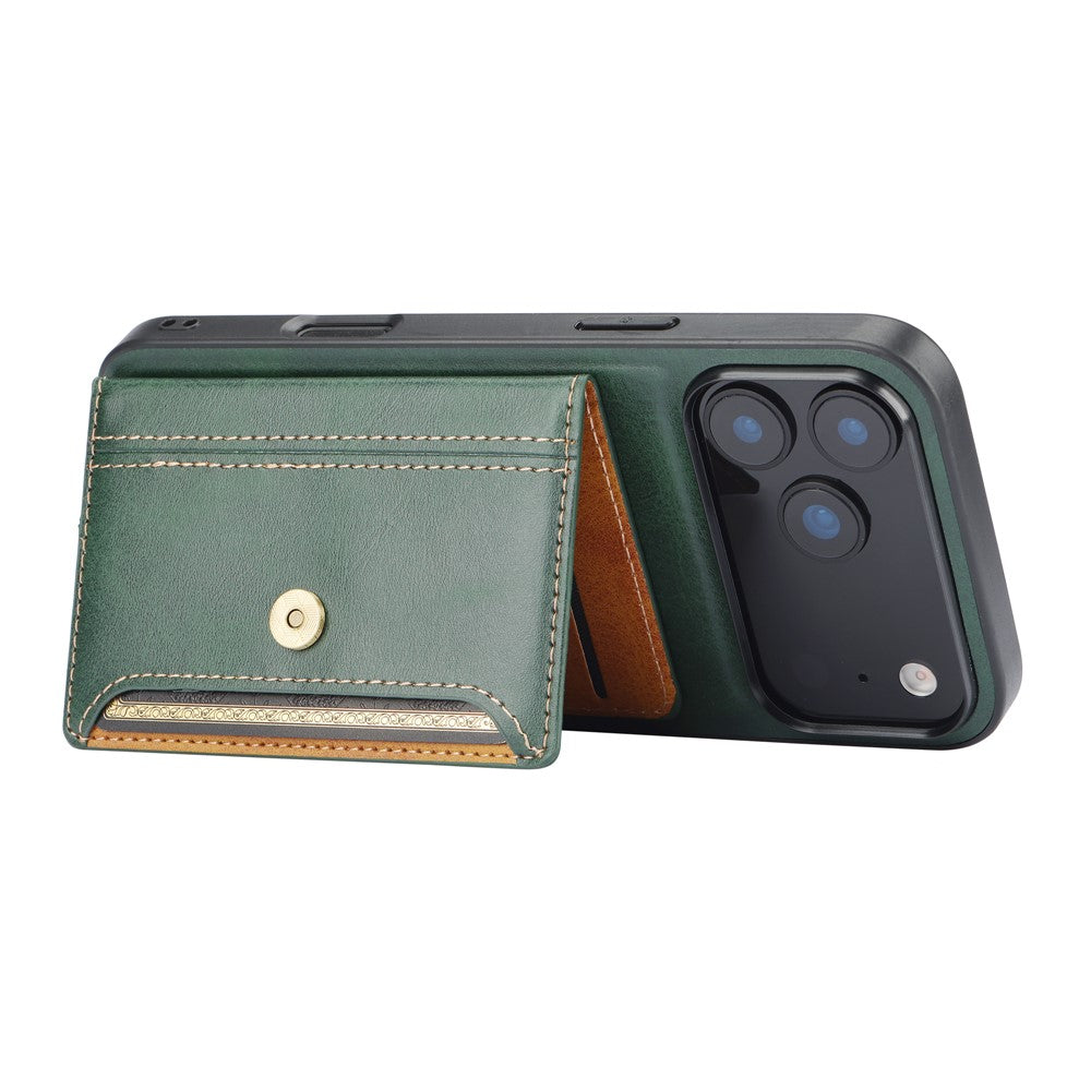 For iPhone 17 Pro Max Case Calf Texture Card Holder PU Leather + TPU Kicsktand Phone Cover - Green