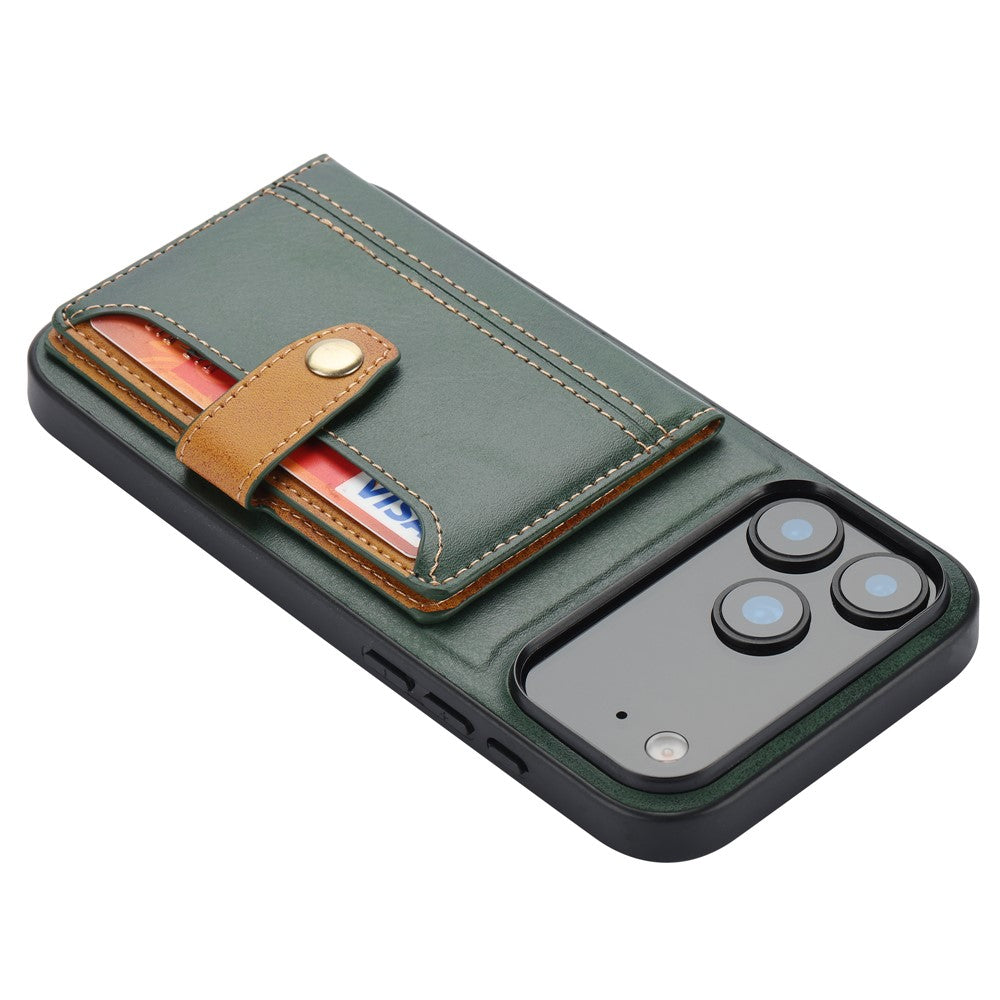 For iPhone 17 Pro Max Case Calf Texture Card Holder PU Leather + TPU Kicsktand Phone Cover - Green