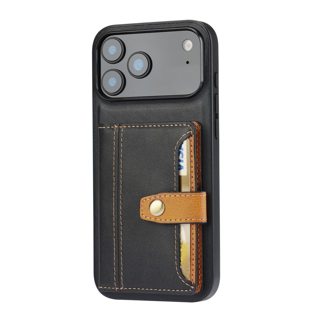 For iPhone 17 Pro Max Case Calf Texture Card Holder PU Leather + TPU Kicsktand Phone Cover - Black