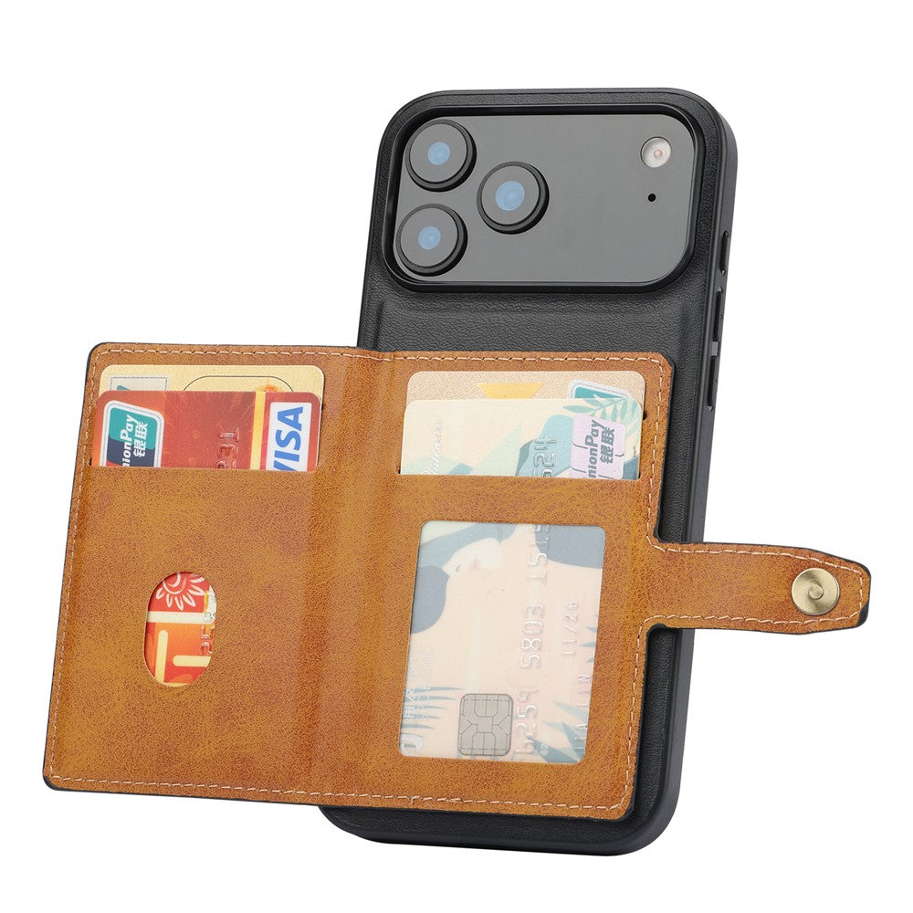 For iPhone 17 Pro Max Case Calf Texture Card Holder PU Leather + TPU Kicsktand Phone Cover - Black