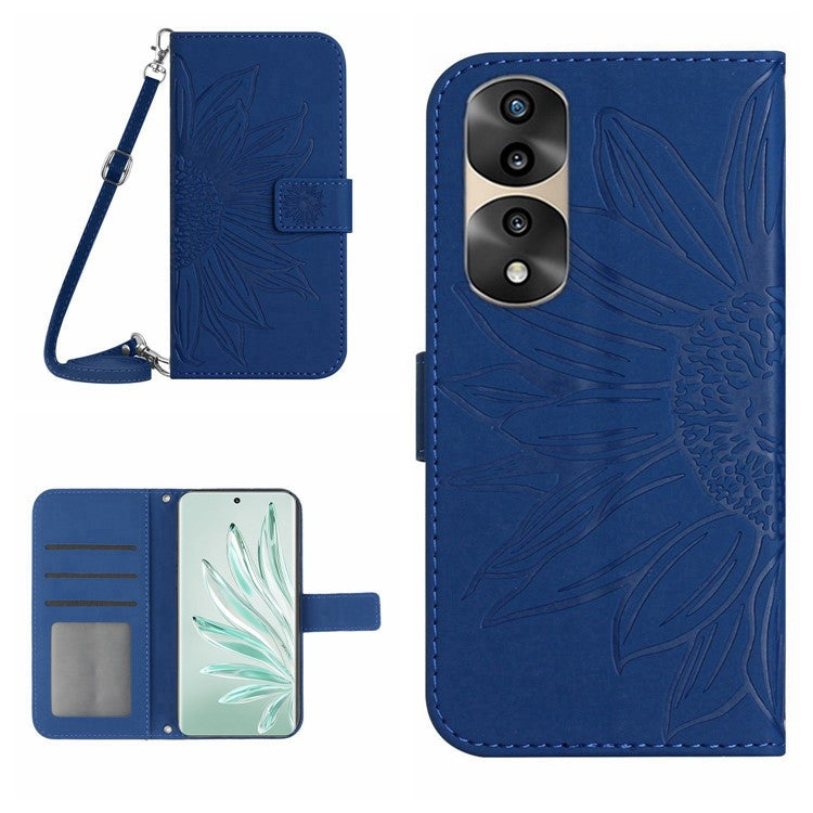 Full Protection Skin-touch Phone Case For Honor 70 Pro 5G / 70 Pro+ 5G, Imprinted Sunflower PU Leather Flip Wallet Stand Cover with Shoulder Strap - Sapphire