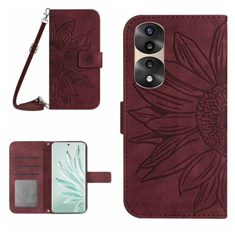 Full Protection Skin-touch Phone Case For Honor 70 Pro 5G / 70 Pro+ 5G, Imprinted Sunflower PU Leather Flip Wallet Stand Cover with Shoulder Strap - Wine Red