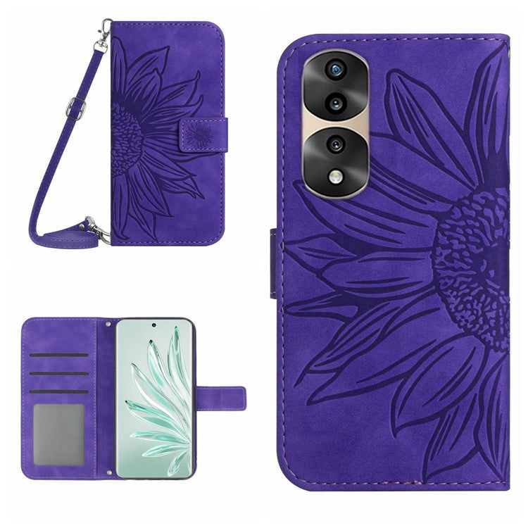 Full Protection Skin-touch Phone Case For Honor 70 Pro 5G / 70 Pro+ 5G, Imprinted Sunflower PU Leather Flip Wallet Stand Cover with Shoulder Strap - Dark Purple
