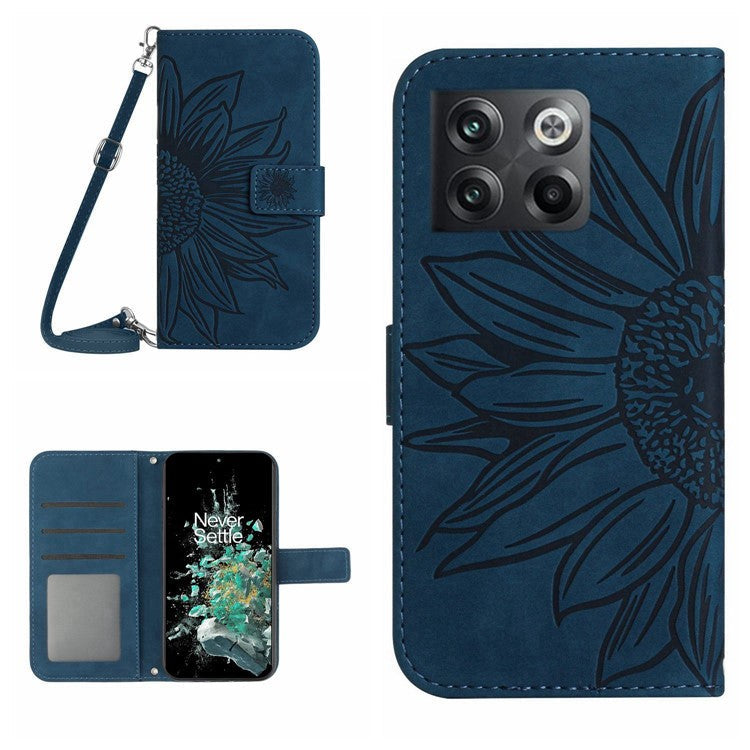 For iPhone 12 Pro Max 6.7 inch HT04 Skin-touch Imprinted Sunflower Case Wallet Stand PU Leather Cover with Shoulder Strap - Light Purple