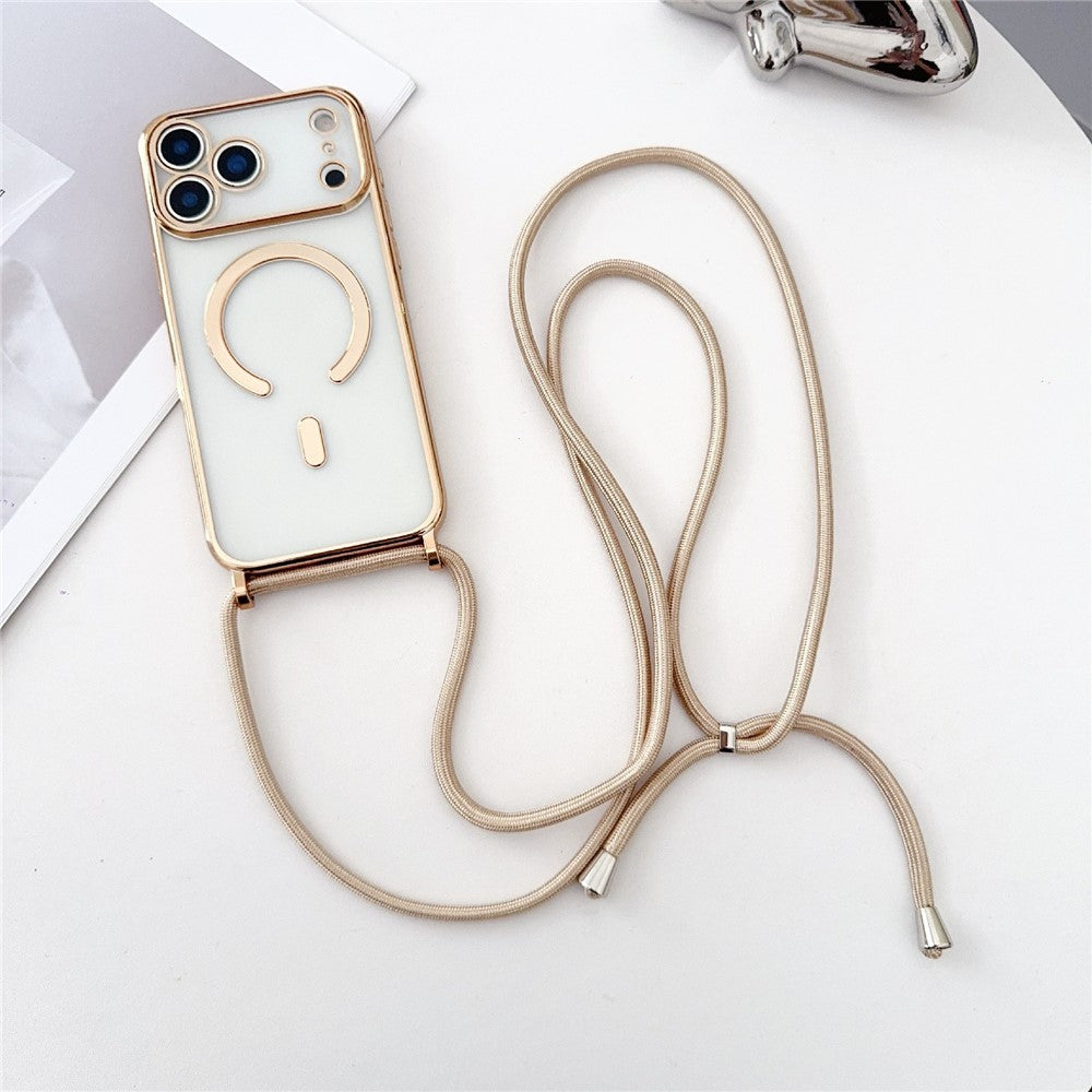 For iPhone 17 Pro Max Case Compatible with MagSafe Electroplating TPU Phone Cover with Long Lanyard - Gold