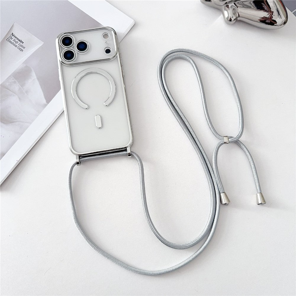 For iPhone 17 Pro Max Case Compatible with MagSafe Electroplating TPU Phone Cover with Long Lanyard - Silver