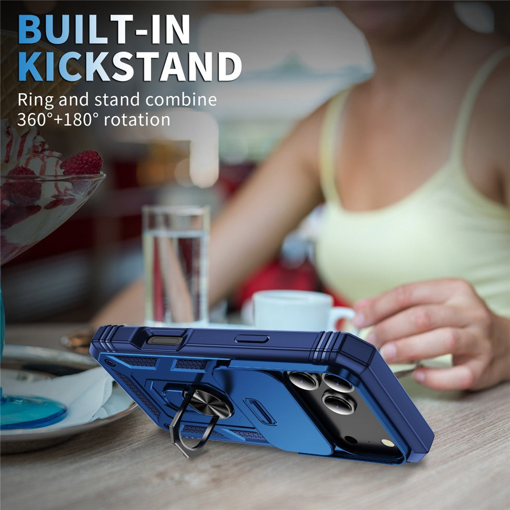 For iPhone 17 Pro Max Case TPU + PC Slide Camshield Kickstand Phone Cover - Blue