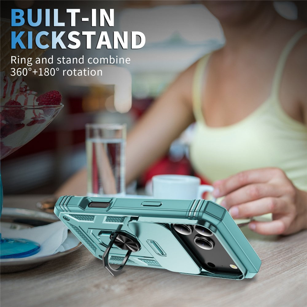 For iPhone 17 Pro Max Case TPU + PC Slide Camshield Kickstand Phone Cover - Green