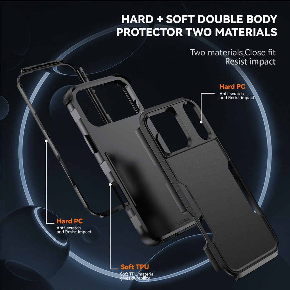 For iPhone 17 Pro Max Case 3 in 1 Shockproof TPU PC Phone Cover - Black