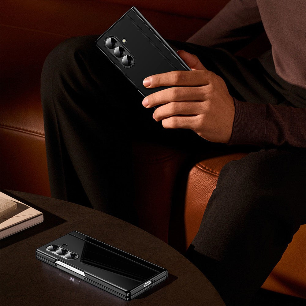 For Samsung Galaxy Z Fold7 5G PC Phone Case with Back Cover Kickstand and Tempered Glass Film - Black