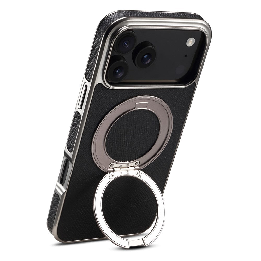 For iPhone 17 Pro Max Kickstand Case Genuine Cow Leather Back Cover Compatible with MagSafe - Black