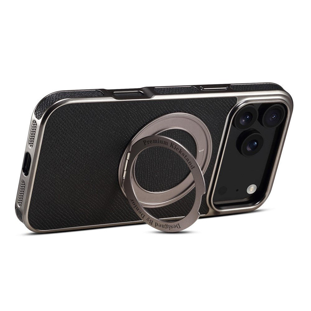 For iPhone 17 Pro Max Kickstand Case Genuine Cow Leather Back Cover Compatible with MagSafe - Black