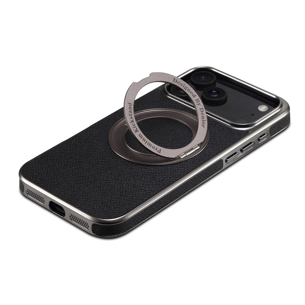 For iPhone 17 Pro Max Kickstand Case Genuine Cow Leather Back Cover Compatible with MagSafe - Black