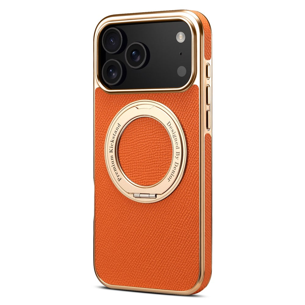 For iPhone 17 Pro Max Kickstand Case Genuine Cow Leather Back Cover Compatible with MagSafe - Orange